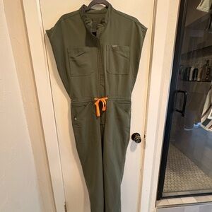 Figs Olive Jumpsuit with Bright Orange Tie